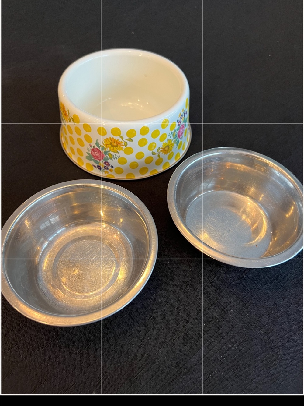 MacKenzie Childs Polka Dot Floral Pet Bowl with Two Silver Metal Inserts